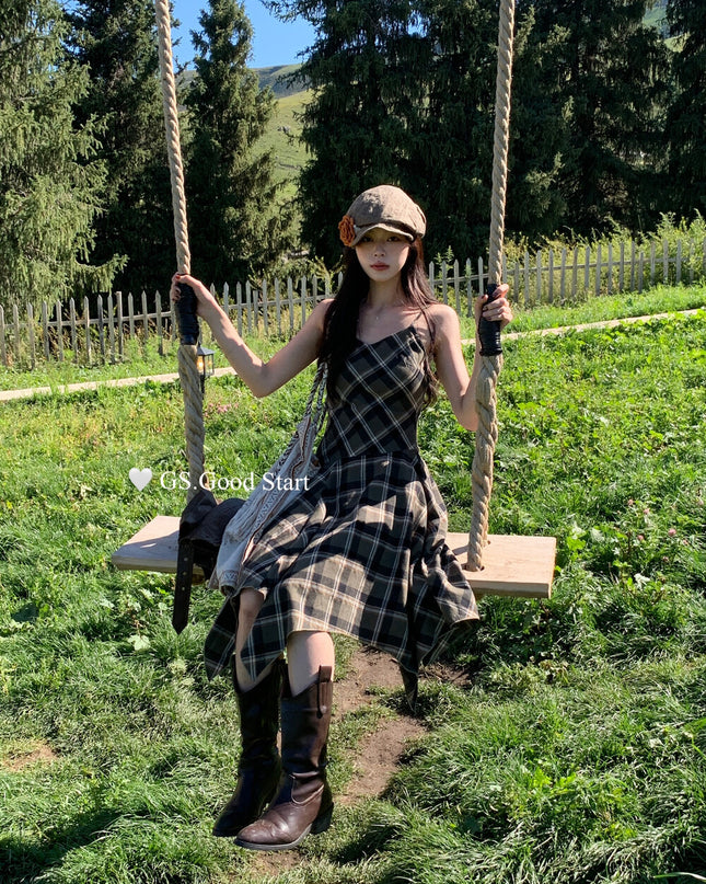 GS.GOOD START Retro Asymmetrical Plaid Cami Dress