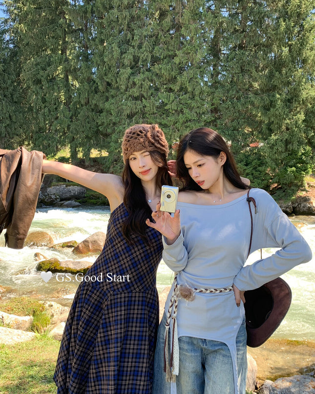 GS.GOOD START Retro Asymmetrical Plaid Cami Dress