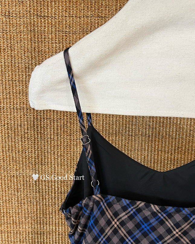 GS.GOOD START Retro Asymmetrical Plaid Cami Dress