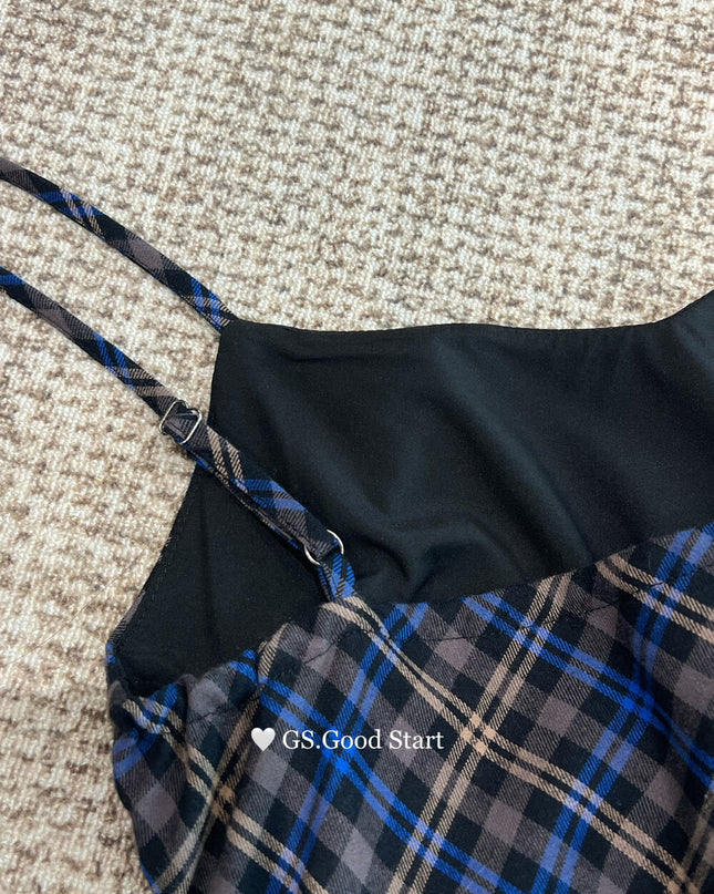 GS.GOOD START Retro Asymmetrical Plaid Cami Dress