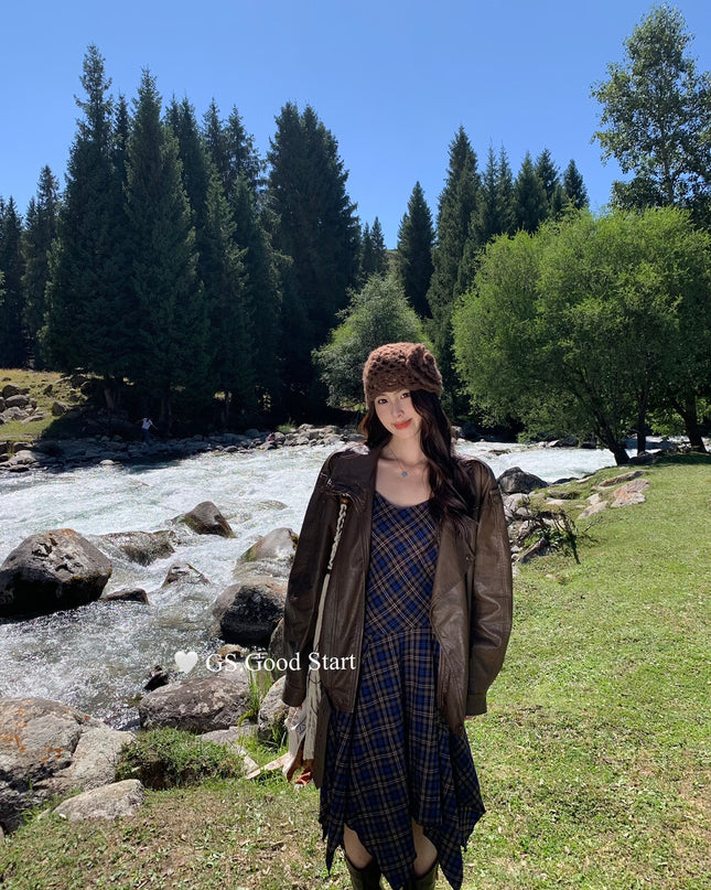 GS.GOOD START Retro Asymmetrical Plaid Cami Dress