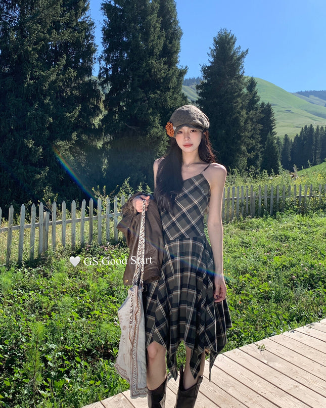 GS.GOOD START Retro Asymmetrical Plaid Cami Dress