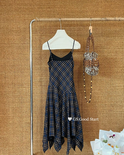 GS.GOOD START Retro Asymmetrical Plaid Cami Dress