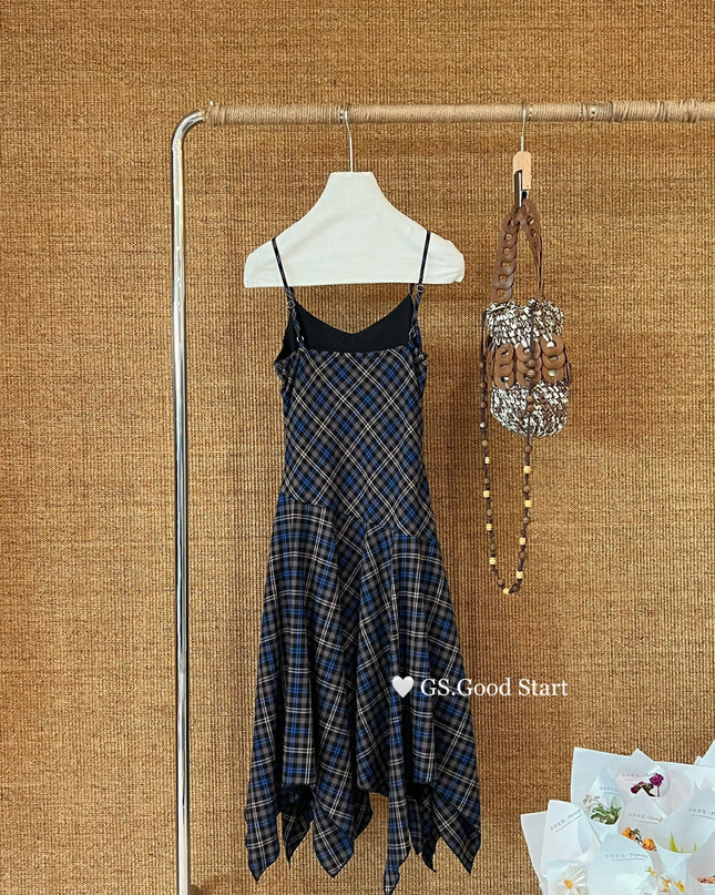 GS.GOOD START Retro Asymmetrical Plaid Cami Dress