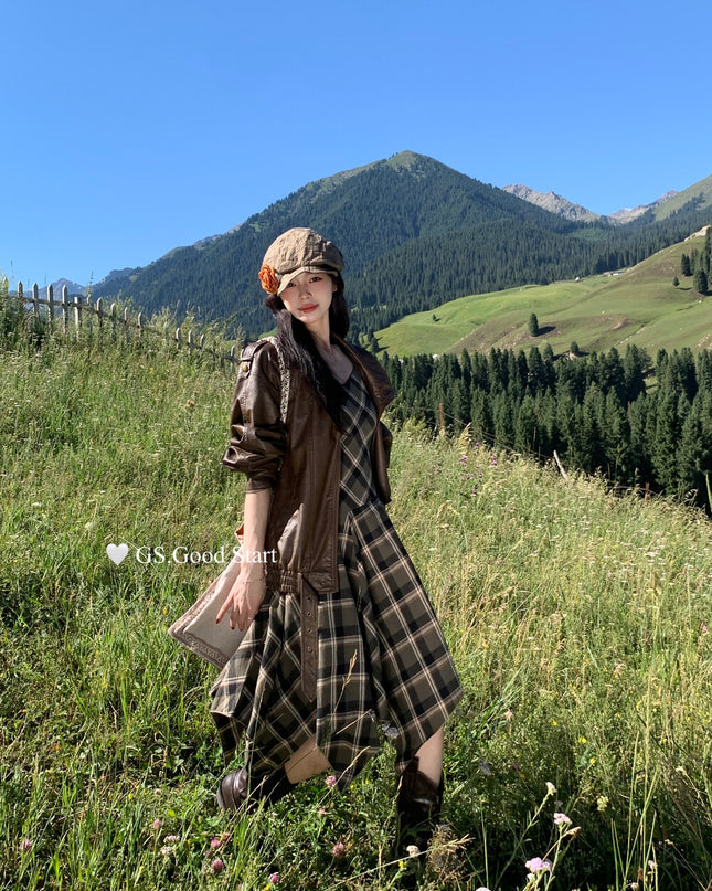 GS.GOOD START Retro Asymmetrical Plaid Cami Dress