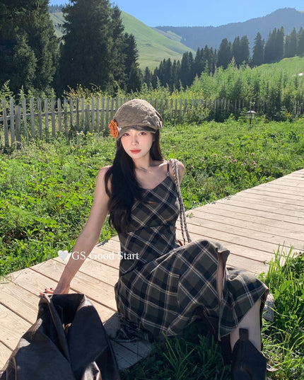 GS.GOOD START Retro Asymmetrical Plaid Cami Dress