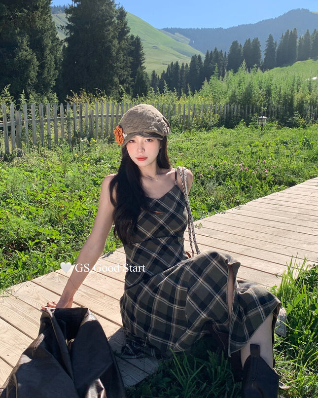 GS.GOOD START Retro Asymmetrical Plaid Cami Dress