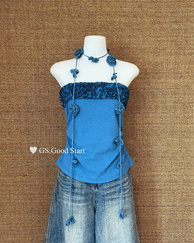 GS.GOOD START Ruffled Lace Bustier Top (With Removable Ribbon)
