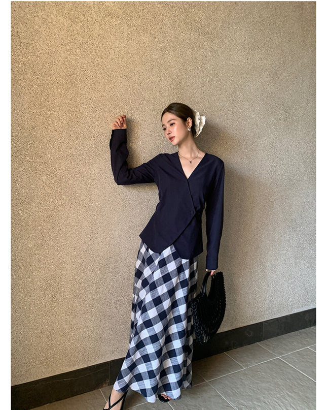 AIXILI Elegant V-Neck Waist-Tie Long Sleeve Shirt