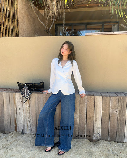 AIXILI Elegant V-Neck Waist-Tie Long Sleeve Shirt