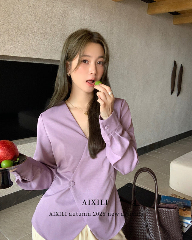 AIXILI Elegant V-Neck Waist-Tie Long Sleeve Shirt