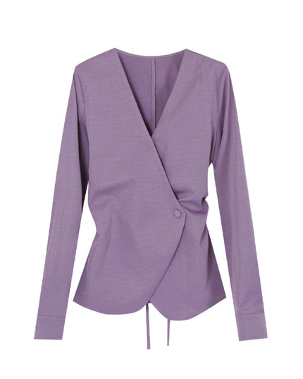 AIXILI Elegant V-Neck Waist-Tie Long Sleeve Shirt