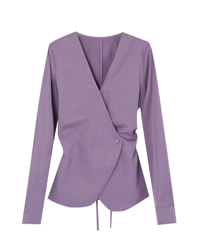 AIXILI Elegant V-Neck Waist-Tie Long Sleeve Shirt