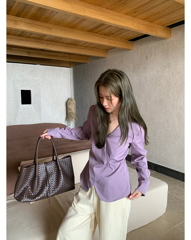 AIXILI Elegant V-Neck Waist-Tie Long Sleeve Shirt