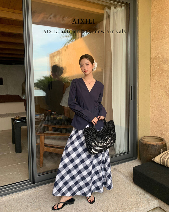AIXILI Elegant V-Neck Waist-Tie Long Sleeve Shirt