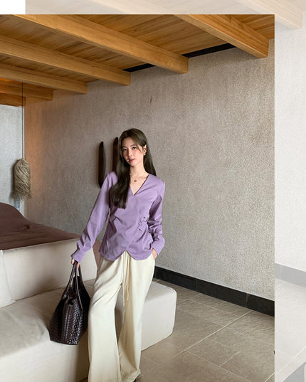 AIXILI Elegant V-Neck Waist-Tie Long Sleeve Shirt