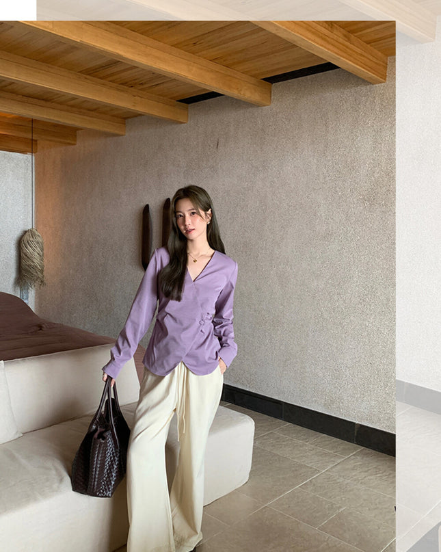 AIXILI Elegant V-Neck Waist-Tie Long Sleeve Shirt