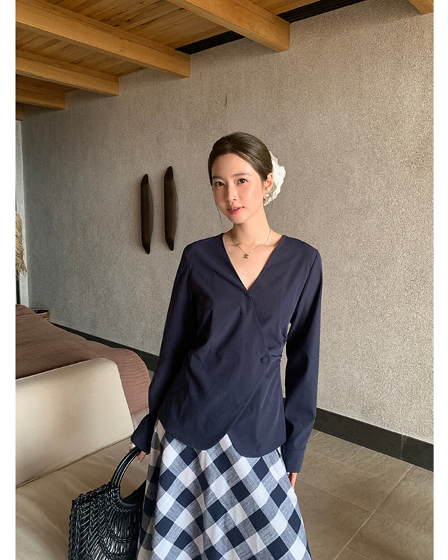 AIXILI Elegant V-Neck Waist-Tie Long Sleeve Shirt