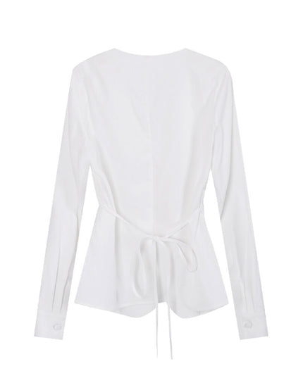 AIXILI Elegant V-Neck Waist-Tie Long Sleeve Shirt