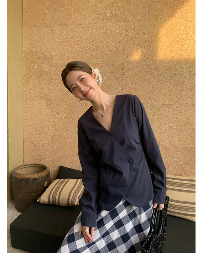 AIXILI Elegant V-Neck Waist-Tie Long Sleeve Shirt