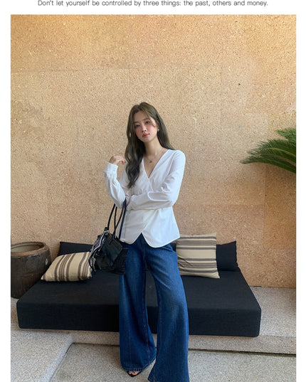 AIXILI Elegant V-Neck Waist-Tie Long Sleeve Shirt