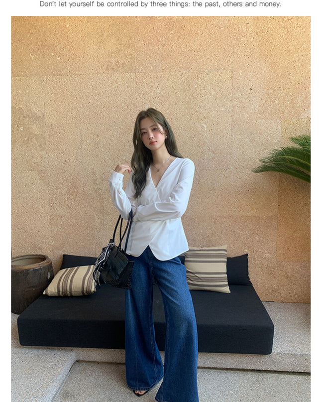 AIXILI Elegant V-Neck Waist-Tie Long Sleeve Shirt