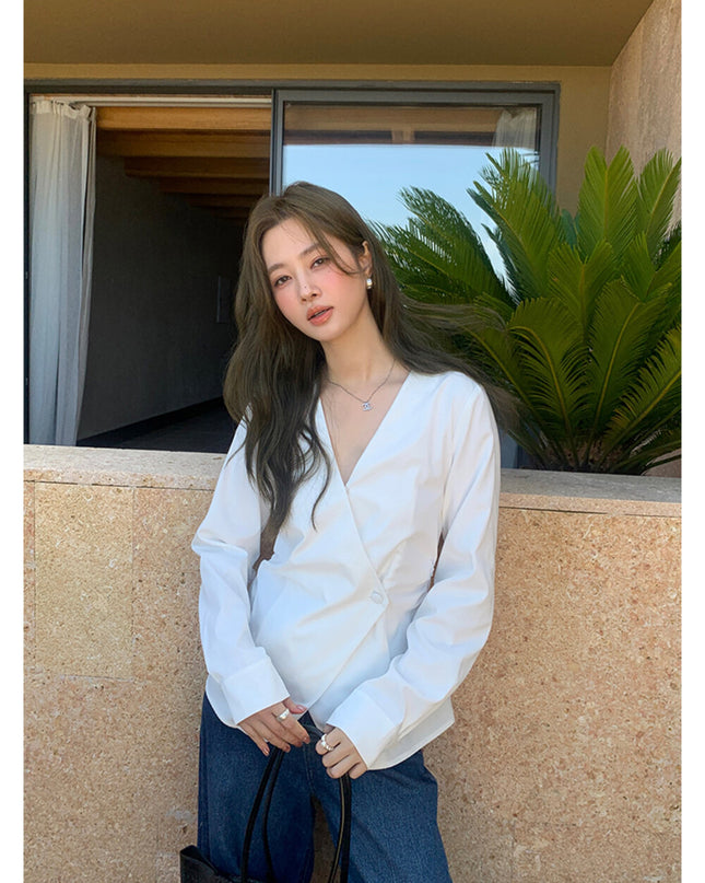 AIXILI Elegant V-Neck Waist-Tie Long Sleeve Shirt