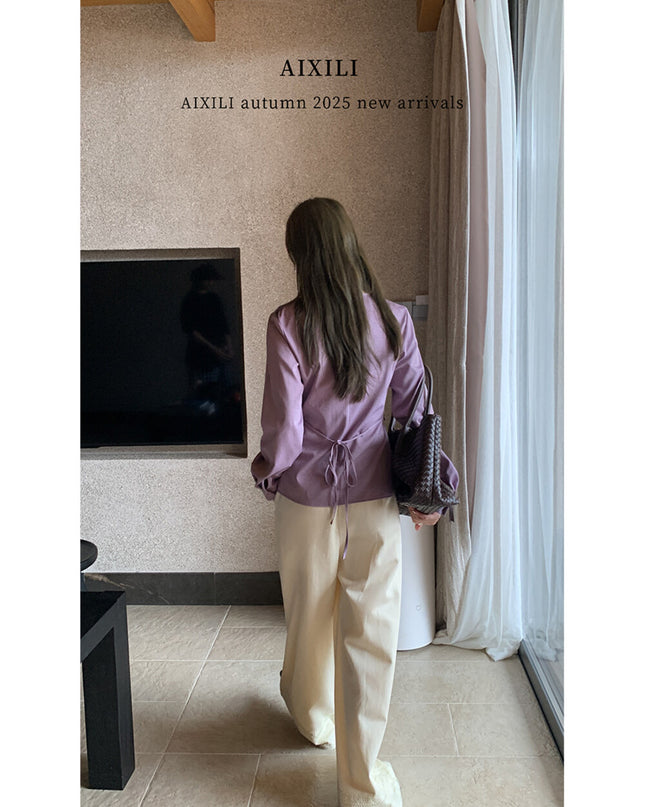 AIXILI Elegant V-Neck Waist-Tie Long Sleeve Shirt