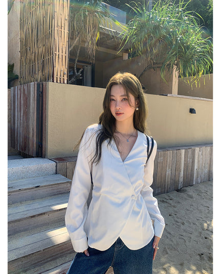 AIXILI Elegant V-Neck Waist-Tie Long Sleeve Shirt