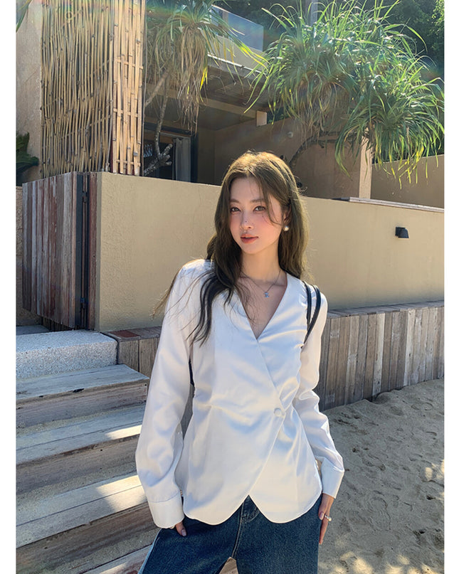 AIXILI Elegant V-Neck Waist-Tie Long Sleeve Shirt
