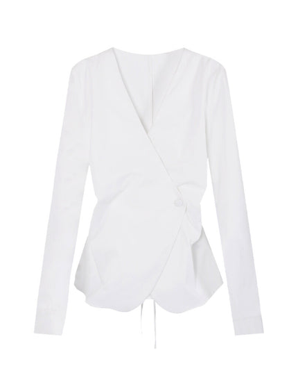 AIXILI Elegant V-Neck Waist-Tie Long Sleeve Shirt