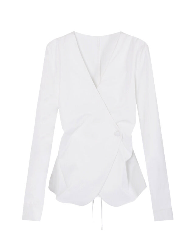 AIXILI Elegant V-Neck Waist-Tie Long Sleeve Shirt