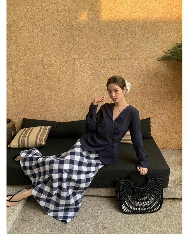 AIXILI Elegant V-Neck Waist-Tie Long Sleeve Shirt