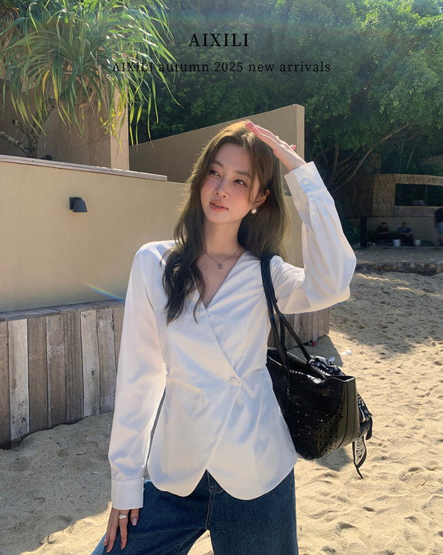 AIXILI Elegant V-Neck Waist-Tie Long Sleeve Shirt