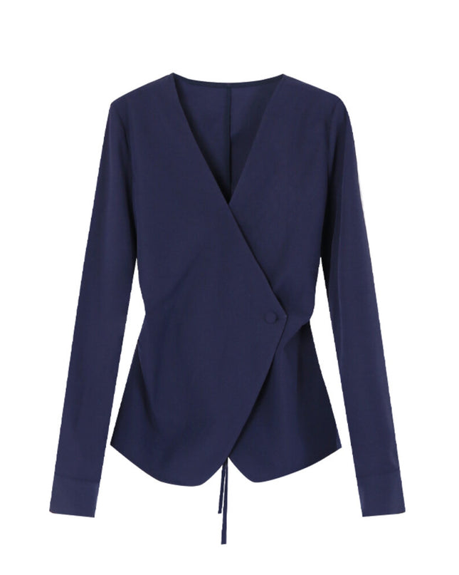 AIXILI Elegant V-Neck Waist-Tie Long Sleeve Shirt