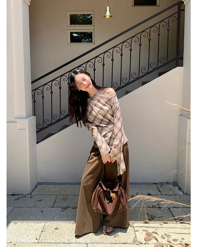 AIXILI Vintage Plaid Side-Tie Drop Shoulder Long Sleeve Blouse