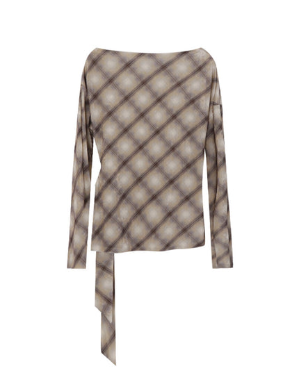 AIXILI Vintage Plaid Side-Tie Drop Shoulder Long Sleeve Blouse