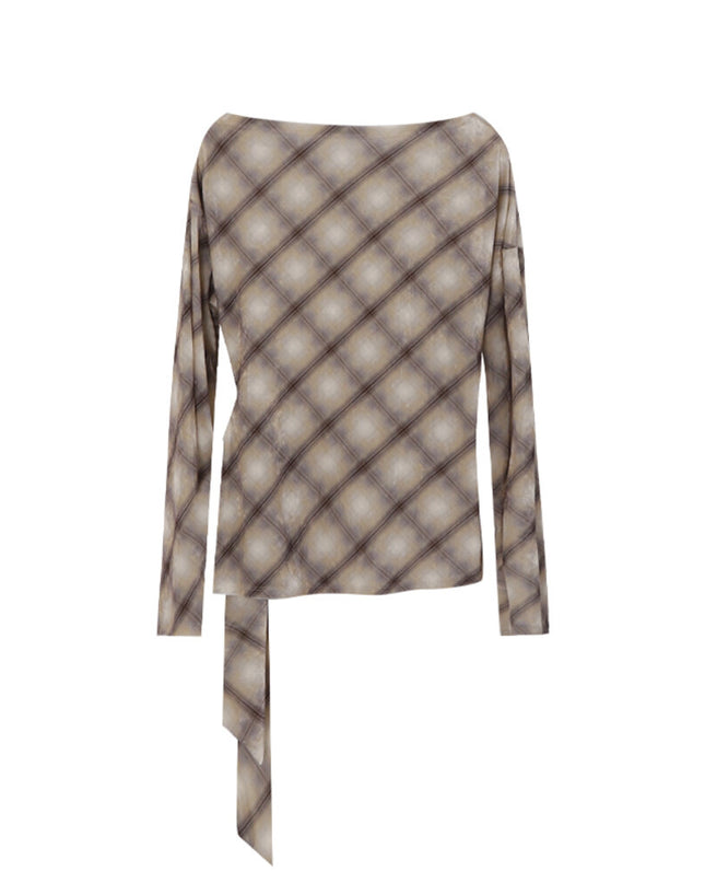 AIXILI Vintage Plaid Side-Tie Drop Shoulder Long Sleeve Blouse