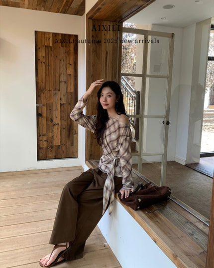 AIXILI Vintage Plaid Side-Tie Drop Shoulder Long Sleeve Blouse