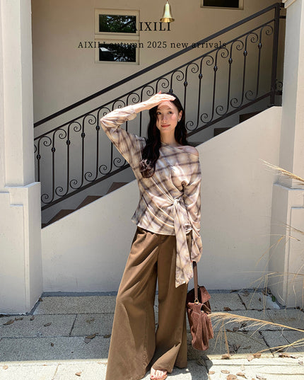 AIXILI Vintage Plaid Side-Tie Drop Shoulder Long Sleeve Blouse
