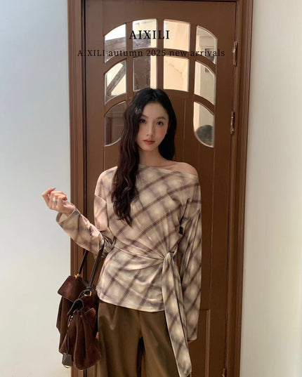AIXILI Vintage Plaid Side-Tie Drop Shoulder Long Sleeve Blouse