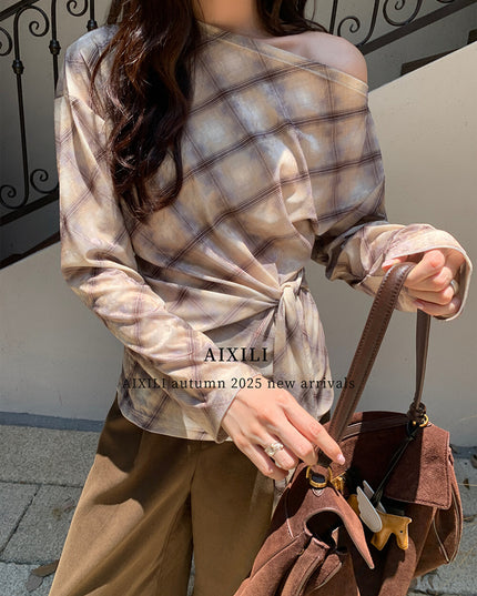AIXILI Vintage Plaid Side-Tie Drop Shoulder Long Sleeve Blouse