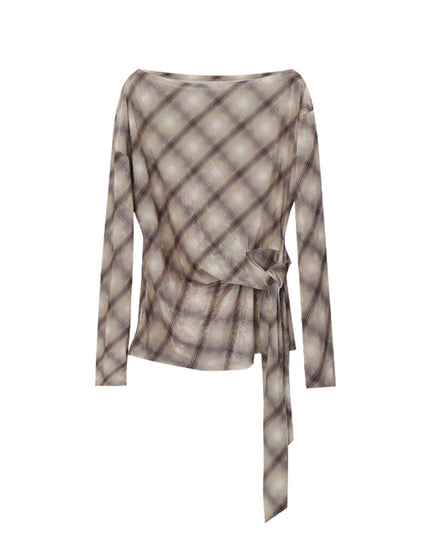 AIXILI Vintage Plaid Side-Tie Drop Shoulder Long Sleeve Blouse