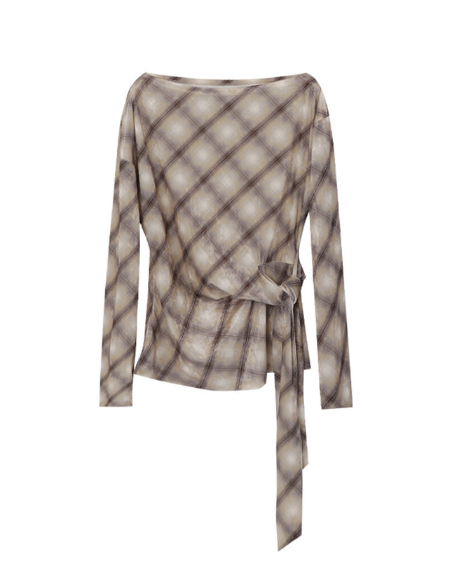 AIXILI Vintage Plaid Side-Tie Drop Shoulder Long Sleeve Blouse