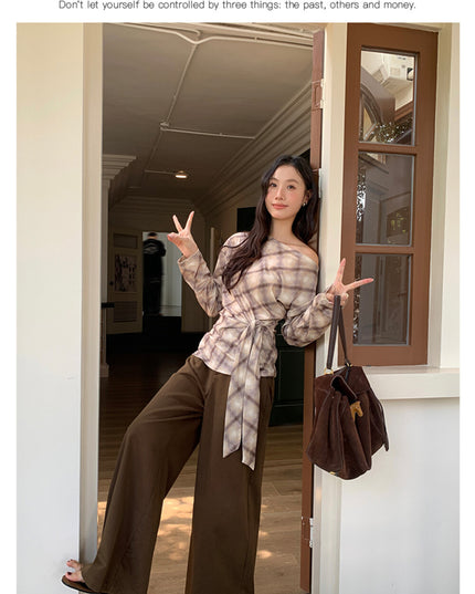 AIXILI Vintage Plaid Side-Tie Drop Shoulder Long Sleeve Blouse