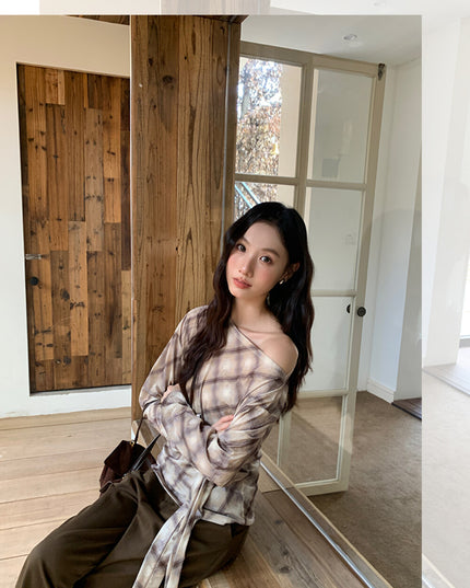 AIXILI Vintage Plaid Side-Tie Drop Shoulder Long Sleeve Blouse