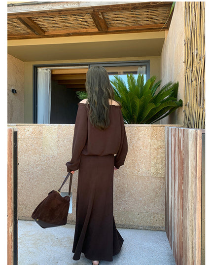 AIXILI Ruffled Off-Shoulder Sweatshirt + Fishtail Skirt Set
