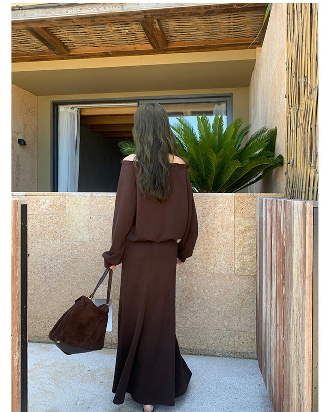 AIXILI Ruffled Off-Shoulder Sweatshirt + Fishtail Skirt Set