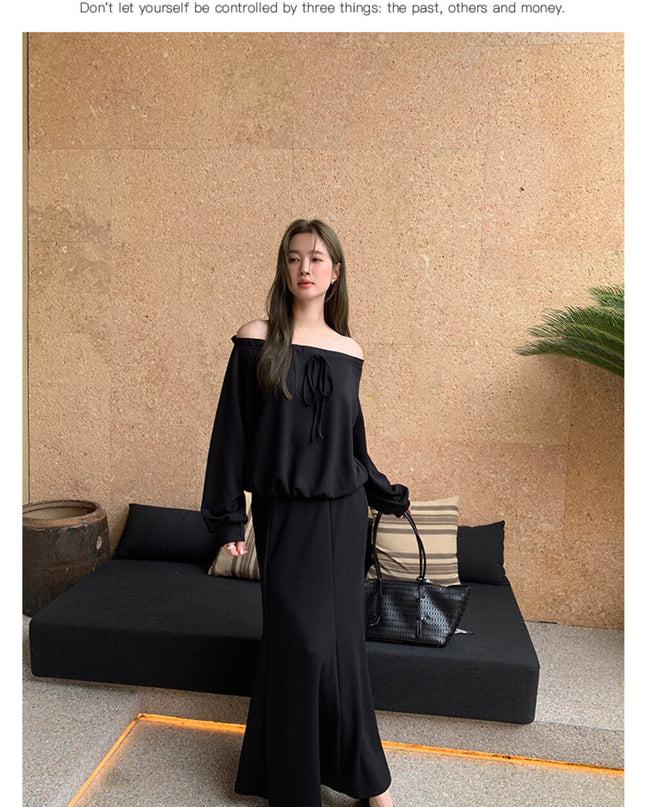AIXILI Ruffled Off-Shoulder Sweatshirt + Fishtail Skirt Set