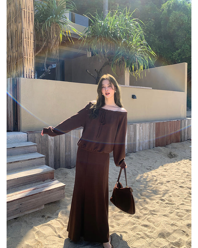 AIXILI Ruffled Off-Shoulder Sweatshirt + Fishtail Skirt Set